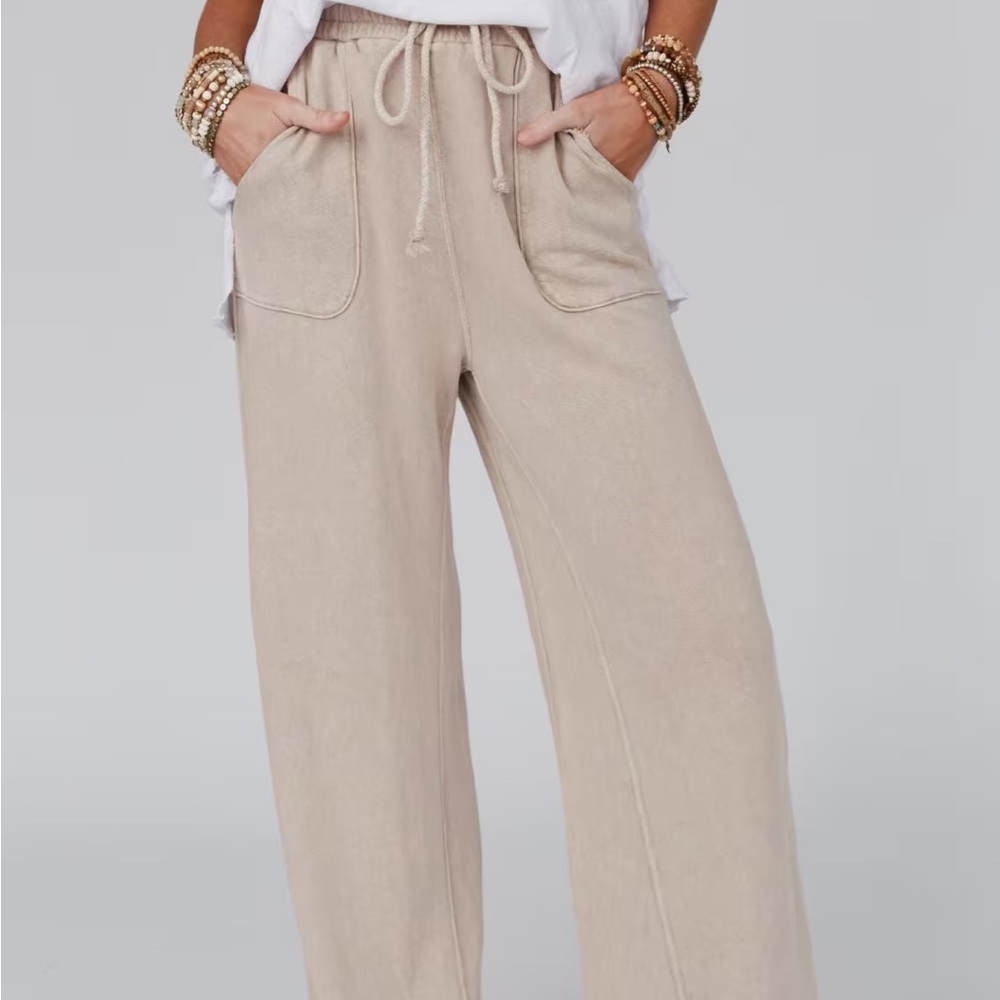 Three Bird Nest Relaxing Robin Wide Leg Terry Knit Cotton Pants New Taupe sz L